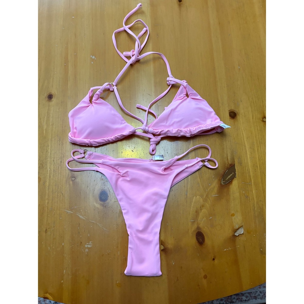 Pink Triangle Bikini Set High Cut Cheeky Two Piece Swimsuit Medium
